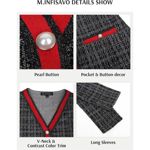 Women’s Long Cardigans Tweed Lightweight Midi Sweater Coat Black White Plaid - Picture 5 of 6